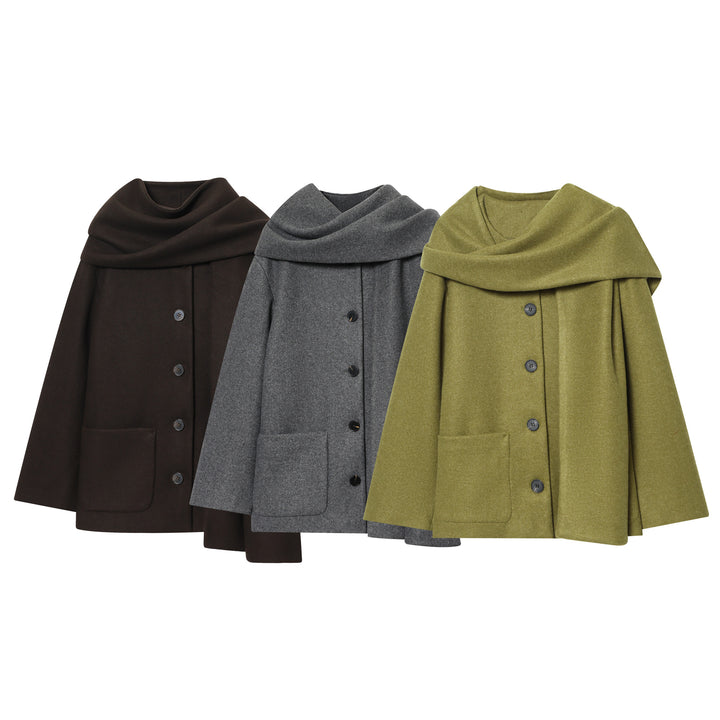 Damen nan kastiges Wollcape mit überlappendem Schalkragen und durchgehender Knopfleiste Drune
