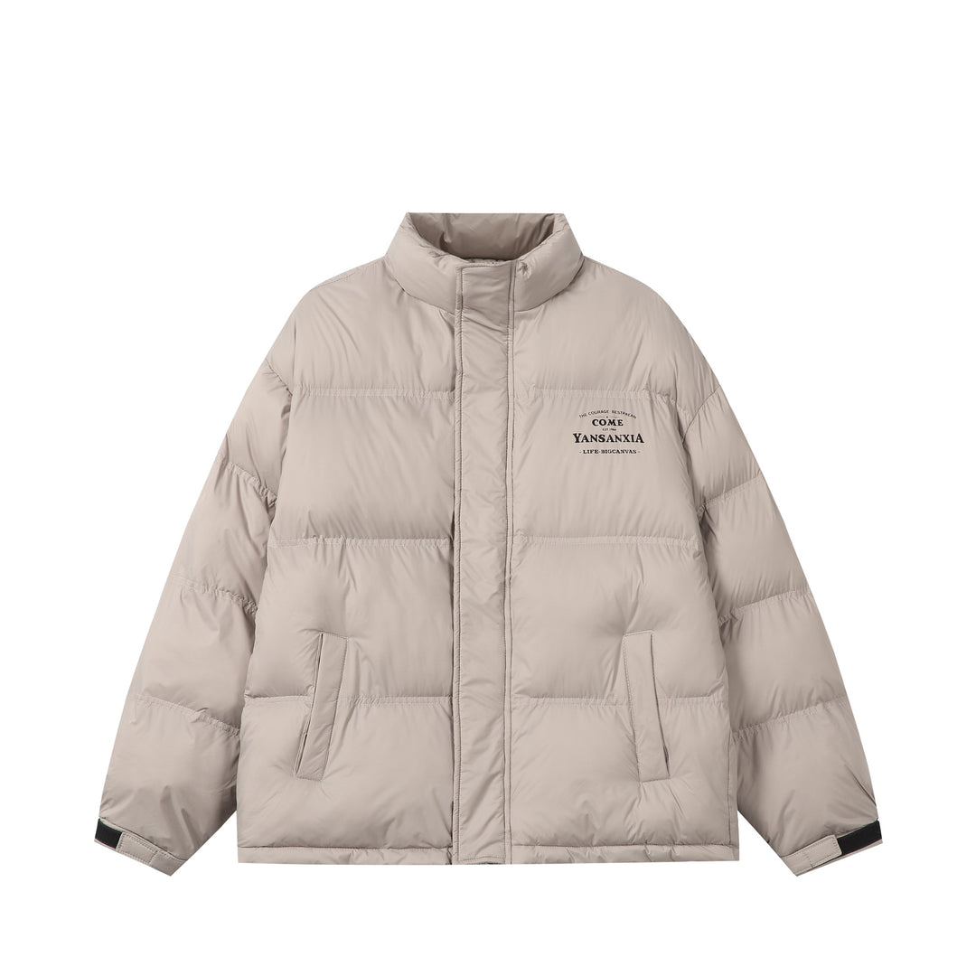 Unisex Kurz geschnittene wattierte Oversize-Jacke mit hohem Stehkragen und Logo-Print Drune