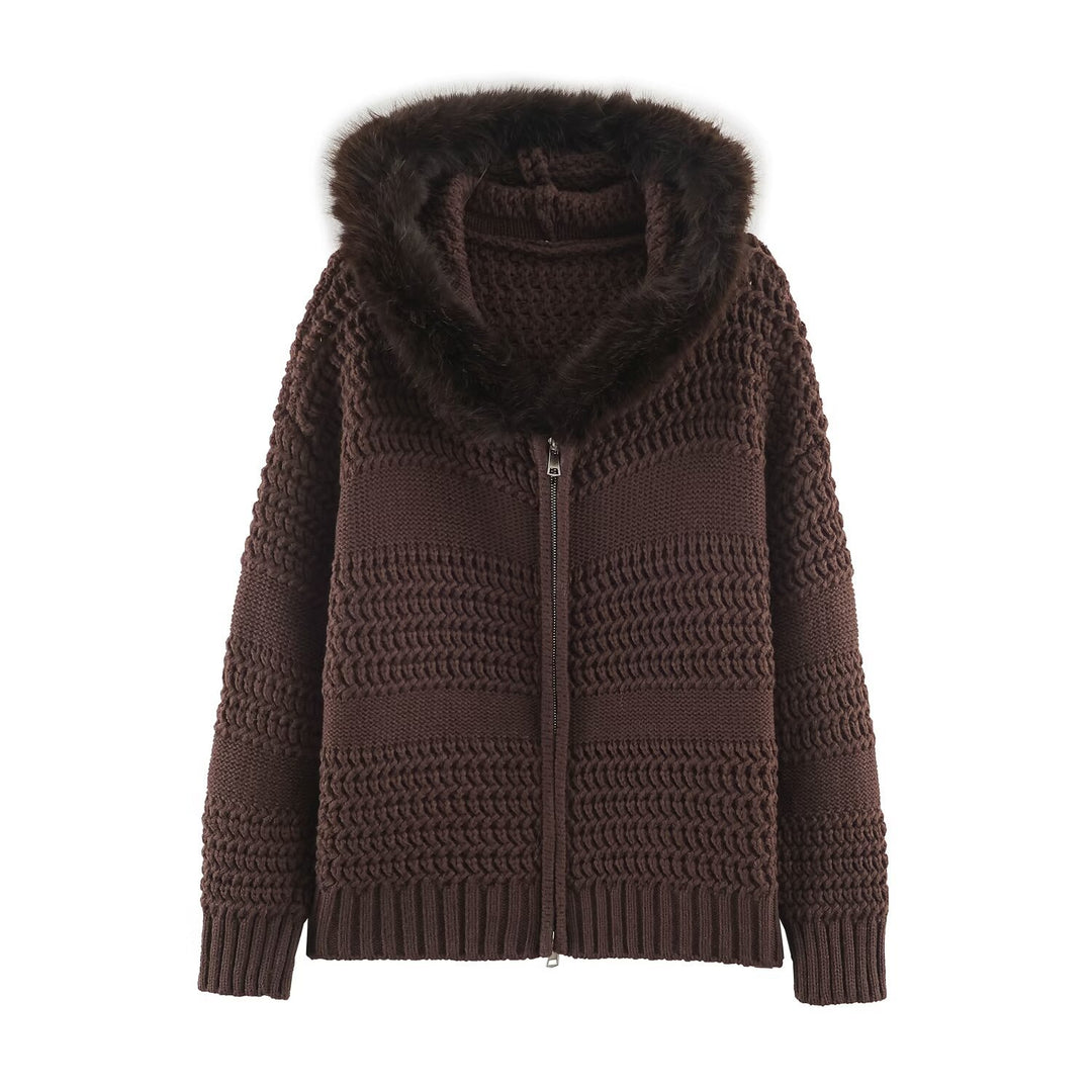 Damen Grobstrick-Cardigan mit Reißverschluss und Kunstfellkapuze Drune