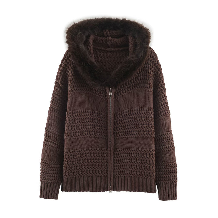 Damen Grobstrick-Cardigan mit Reißverschluss und Kunstfellkapuze Drune