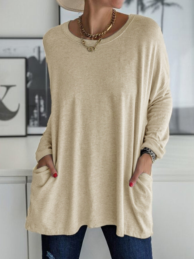 Damen Oversize Tunika mit Seitentaschen und Rundhalsausschnitt Drune