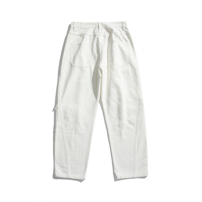 Unisex Weite Utility-Cargo-Hose aus robustem Baumwoll-Denim mit hoher Taille und Klappentaschen Drune