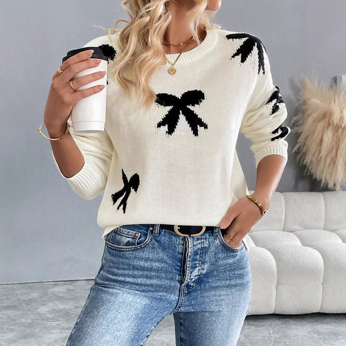 Damen Gestrickter Rundhals-Pullover mit Schleifen-Jacquard und relaxed Fit Drune