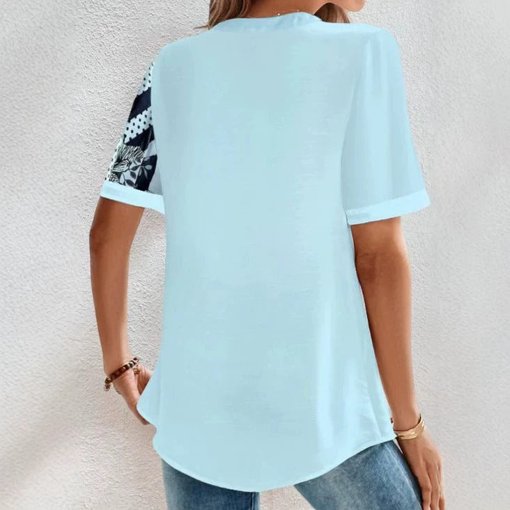 Damen nan zweigeteilte Hemdbluse mit asymmetrischem Muster-Mix, Knopfleiste und lockerer Hüftlänge Drune