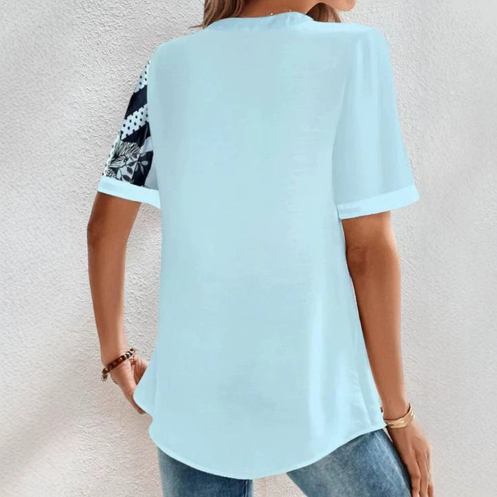 Damen nan zweigeteilte Hemdbluse mit asymmetrischem Muster-Mix, Knopfleiste und lockerer Hüftlänge Drune