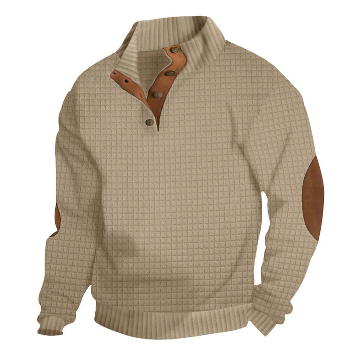 Herren Strukturiertes Waffelstrick-Henleypullover mit Lederbesatz & Ellbogenpatches Drune