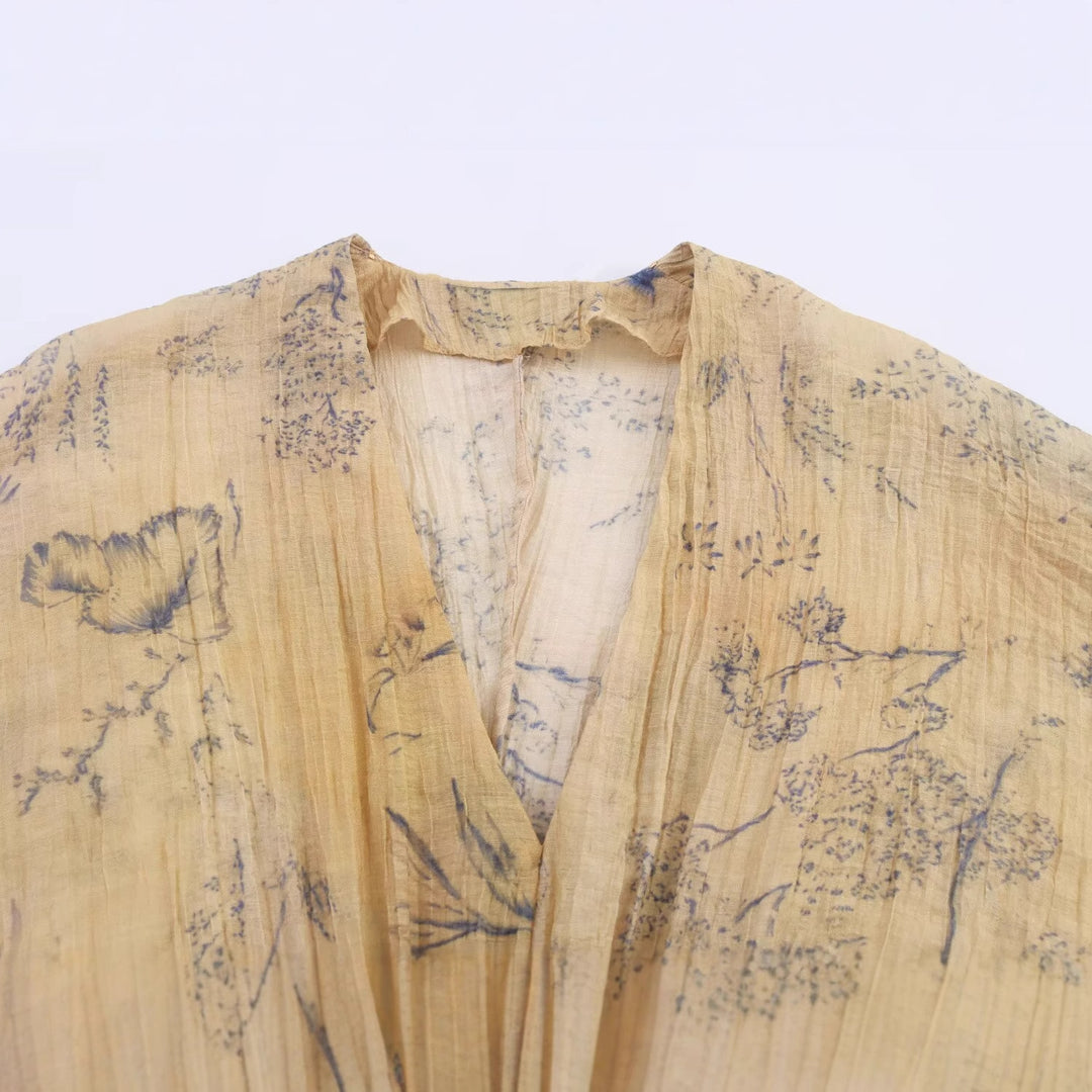Damen 1000+ leichtes Cropped Kimono‑Top mit Smockbund und tiefem V‑Ausschnitt Drune