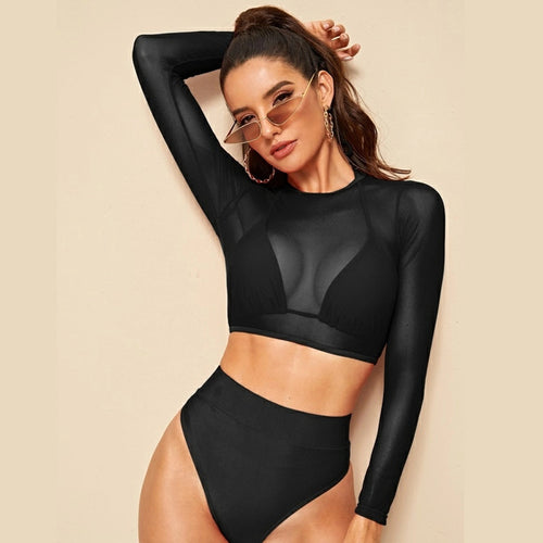 Damen Sport-Bikini-Set mit Langarm-Oberteil und Hoher Taille Drune