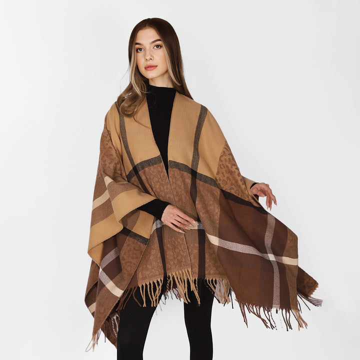Damen Übergroßer Poncho mit Fransen und Karomuster Drune
