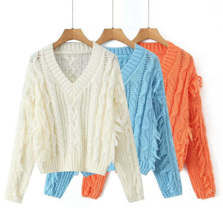 Damen Grobgestrickter V‑Ausschnitt‑Pullover mit Zopfmuster und Fransen Drune