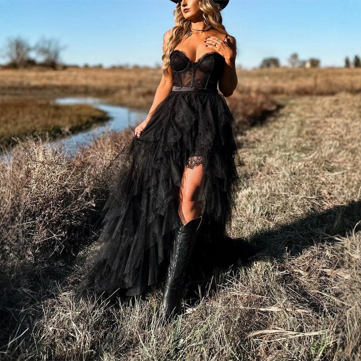 Damen Maxikleid mit voluminösen Rüschenschichten und transparentem Oberteil Drune