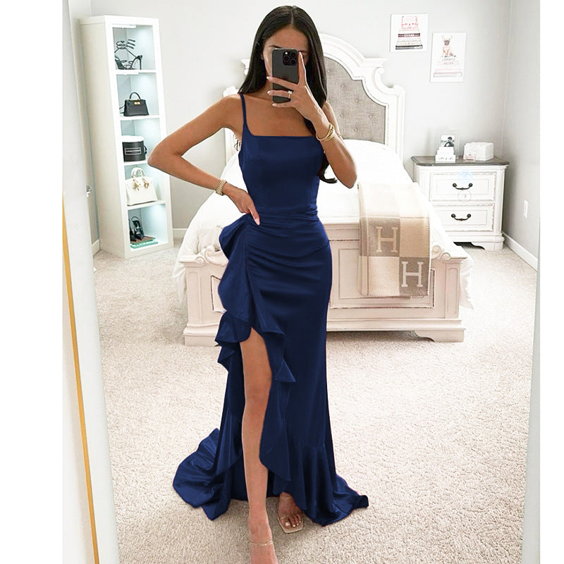 Damen elegantes Maxikleid mit seitlichem Schlitz und fließendem Rüschensaum Drune