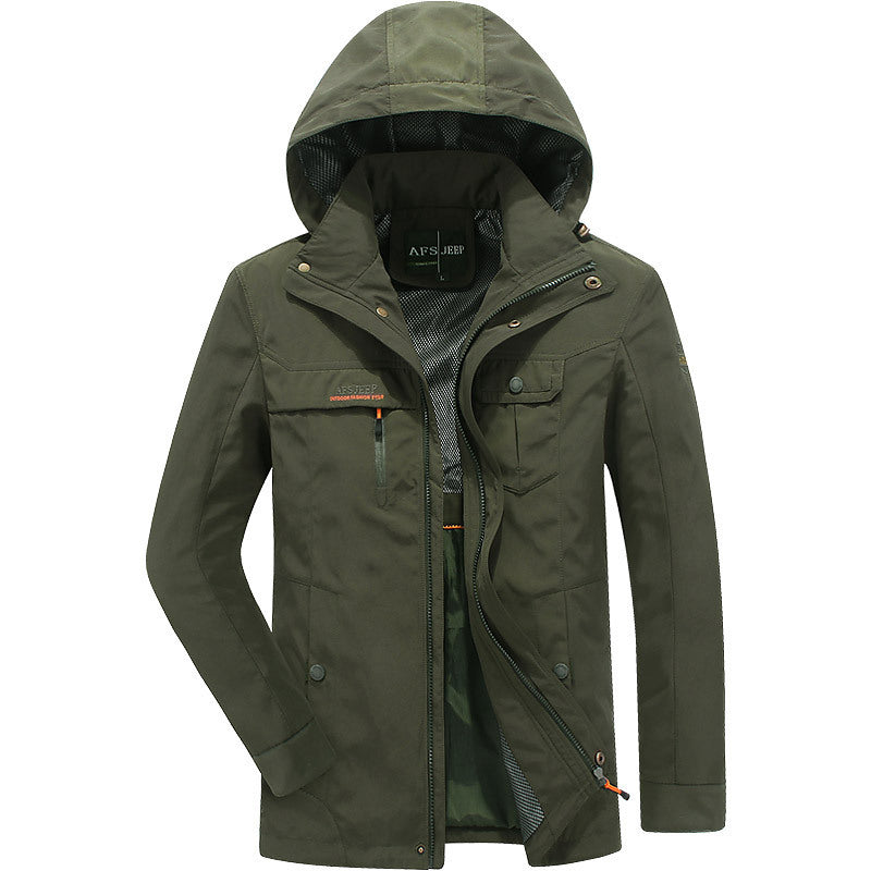 Herren wasserabweisende leichte Reisefunktionsjacke mit Kapuze und Mehrtaschen Drune