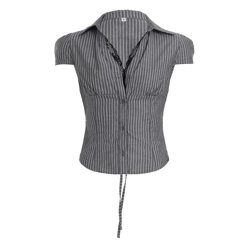 Damen elegantes Blusenshirt mit raffinierten Spitzenakzenten und modischem Streifenmuster Drune