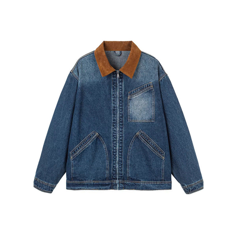 Herren Boxy-Denimjacke im Worker-Stil mit Cordkragen und Frontreißverschluss Drune