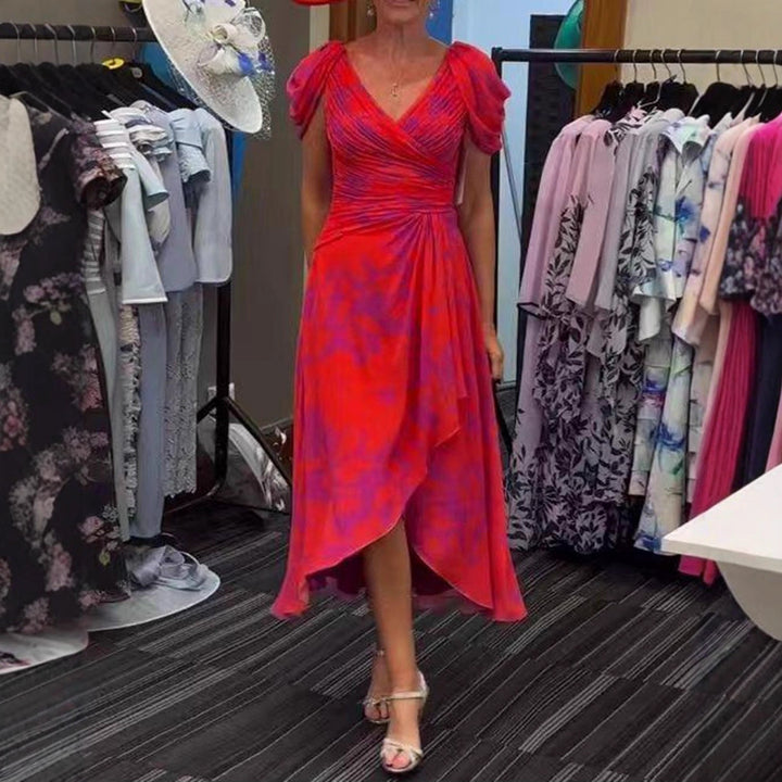 Damen nan Wickel-Midikleid mit gerafftem Oberteil, Puffärmeln und asymmetrischem Wasserfallsaum Drune