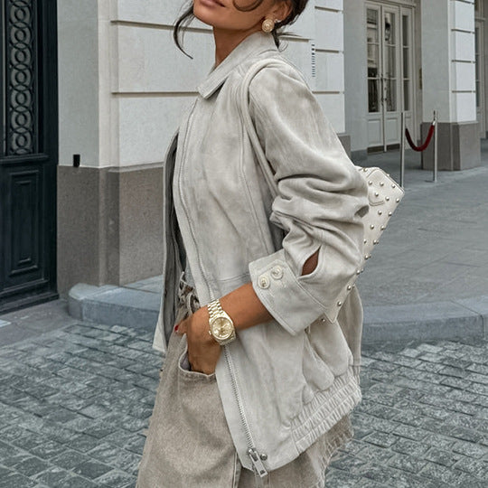 Damen modische Wildlederjacke im lässigen Oversized-Schnitt mit praktischen Taschen Drune