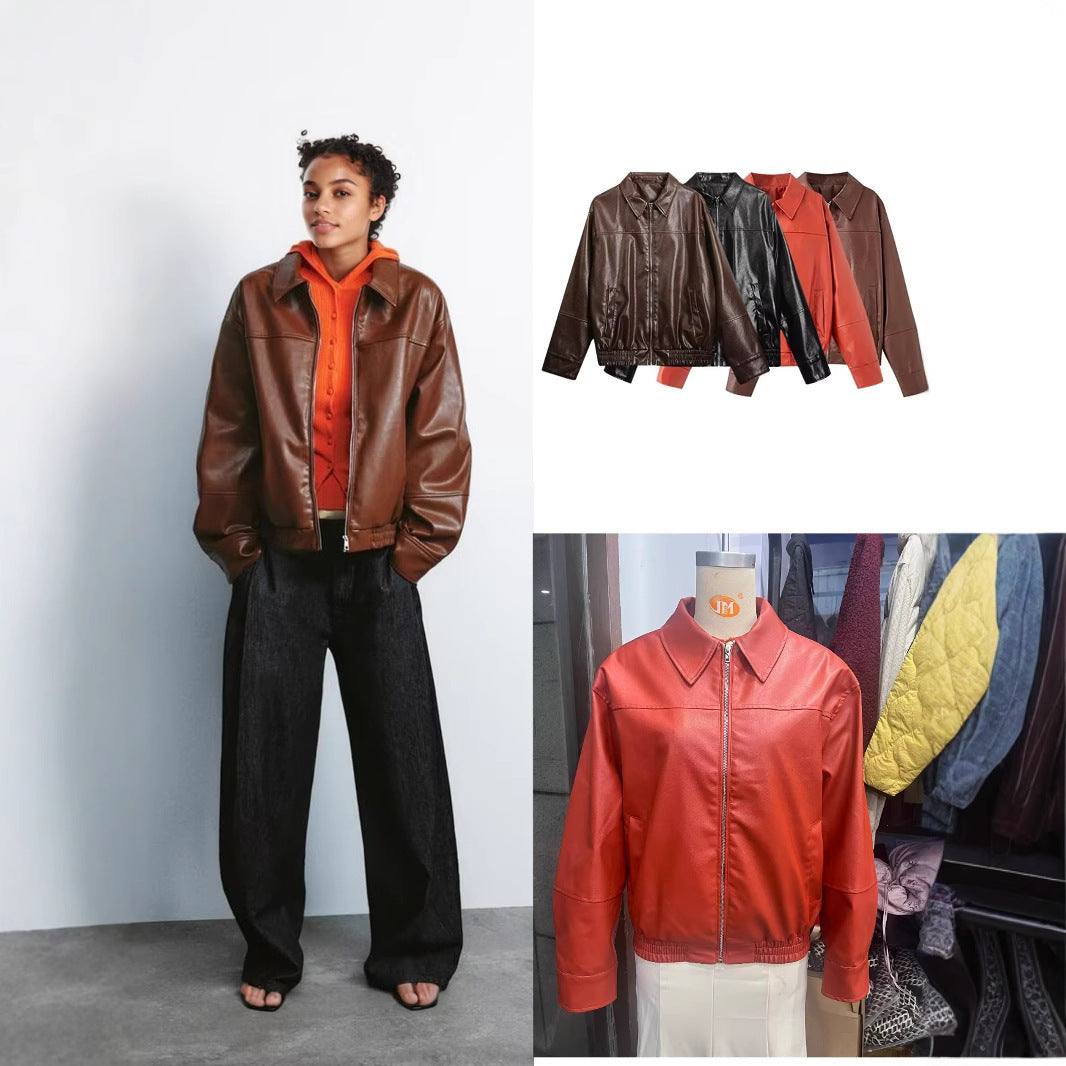 Damen Boxy Kunstleder-Blousonjacke mit Hemdkragen, Reißverschluss und elastischem Saum Drune