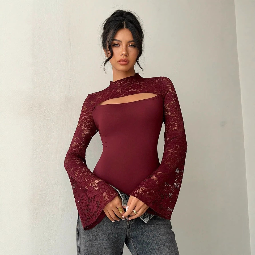 Damen Body mit transparenten Spitzenärmeln und modernem Cut-Out Drune