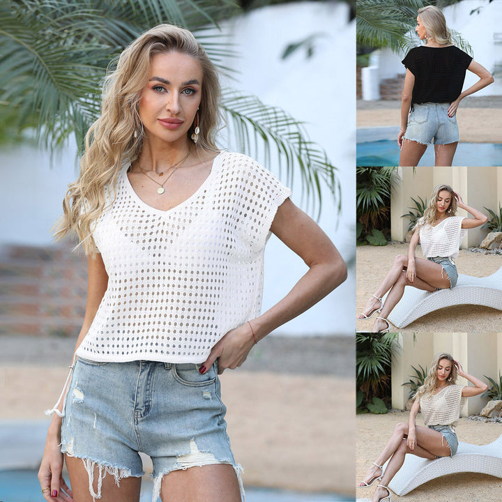 Damen luftige Häkelbluse mit elegantem V-Ausschnitt und Kordelzug Drune