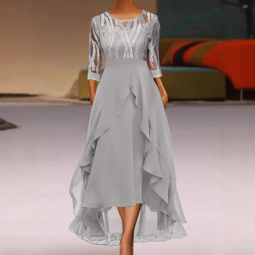 Damen nan edles Chiffon-Abendkleid mit besticktem Tülloberteil, Dreiviertelärmeln und asymmetrischem Stufen-Saum Drune