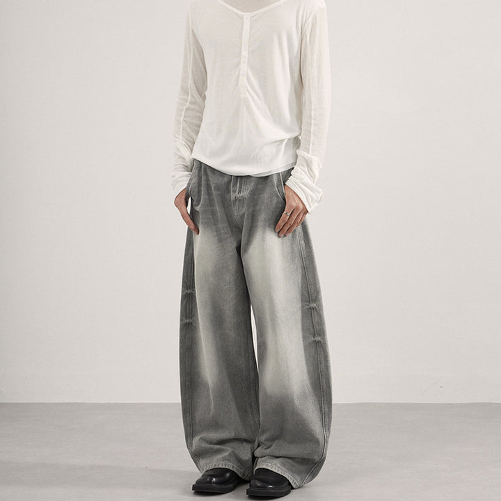 Herren Bodenlange Oversized-Denim-Palazzohose mit verwaschener Fade-Optik und tiefem Schritt Drune