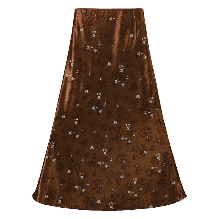 Damen nan A-Linien Midirock aus Jacquard-Satin mit floralen und Schmetterlingsreliefs Drune