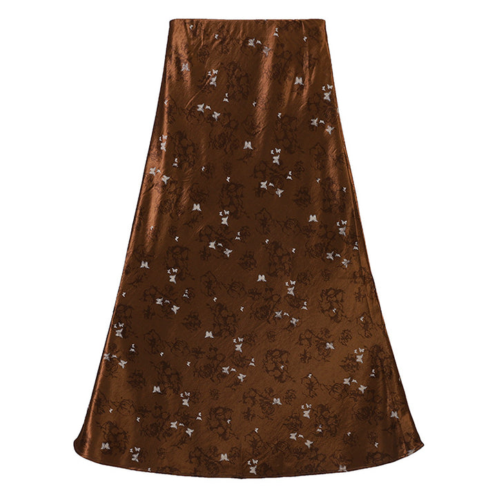 Damen nan A-Linien Midirock aus Jacquard-Satin mit floralen und Schmetterlingsreliefs Drune