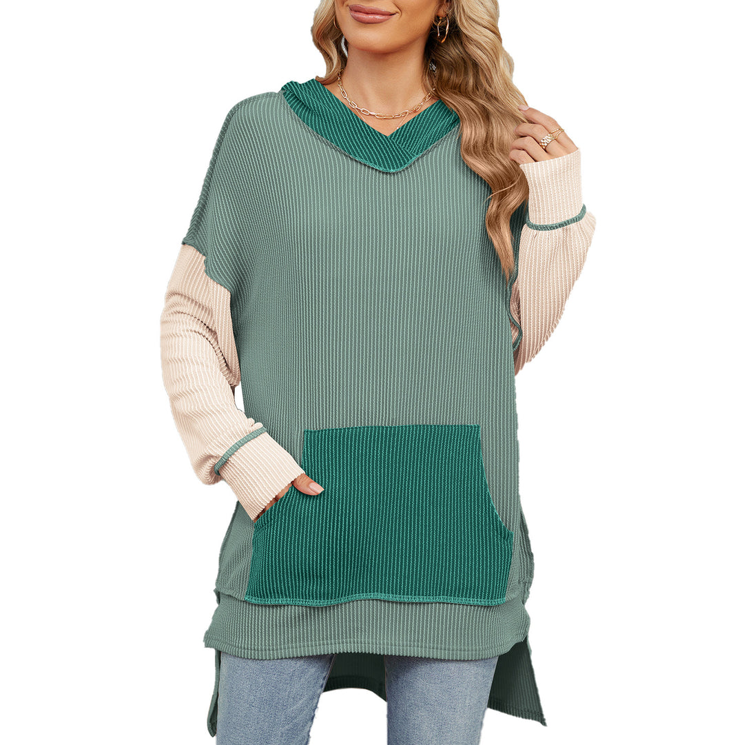 Damen lässiger Longpullover mit Kapuze und seitlicher Tasche Drune