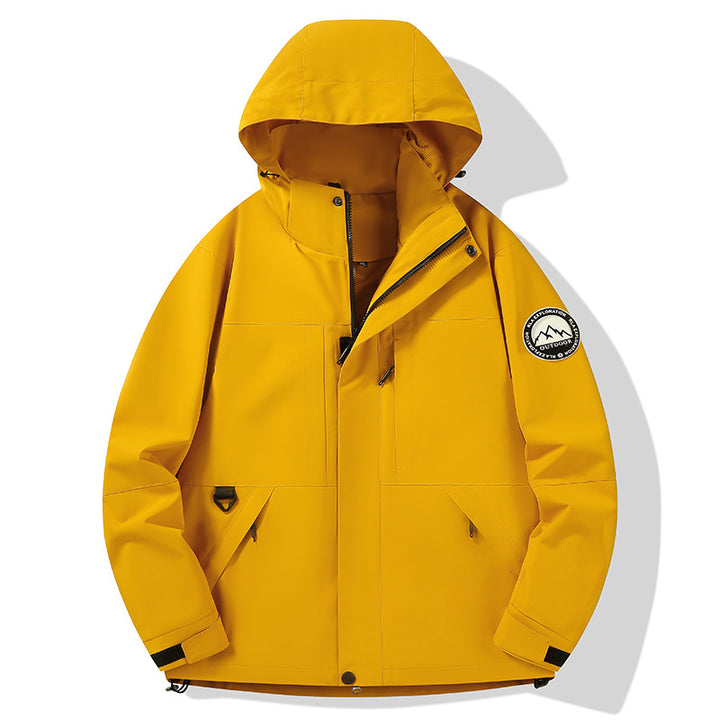 Damen wasserdichte Hardshell-Outdoorjacke mit Kapuze und Multifunktionstaschen Drune