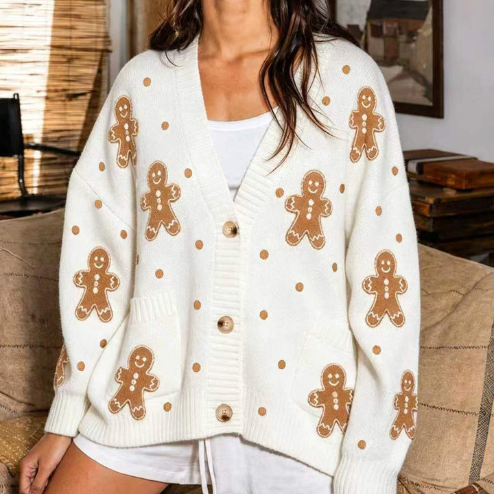 Damen nan oversized Strickcardigan mit Lebkuchenstickerei und tiefem V-Ausschnitt Drune