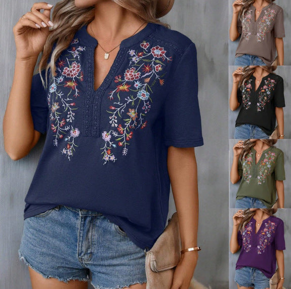 Damen bestickte Boho-Tunika mit tiefem Ausschnitt und Spitzenbesatz Drune