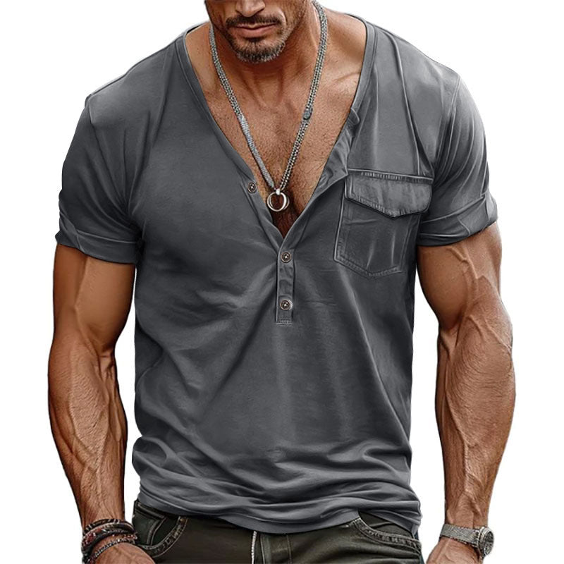 Herren Kurzarm-Henley-T-Shirt mit dekorativer Brusttasche und modernem Schnitt Drune