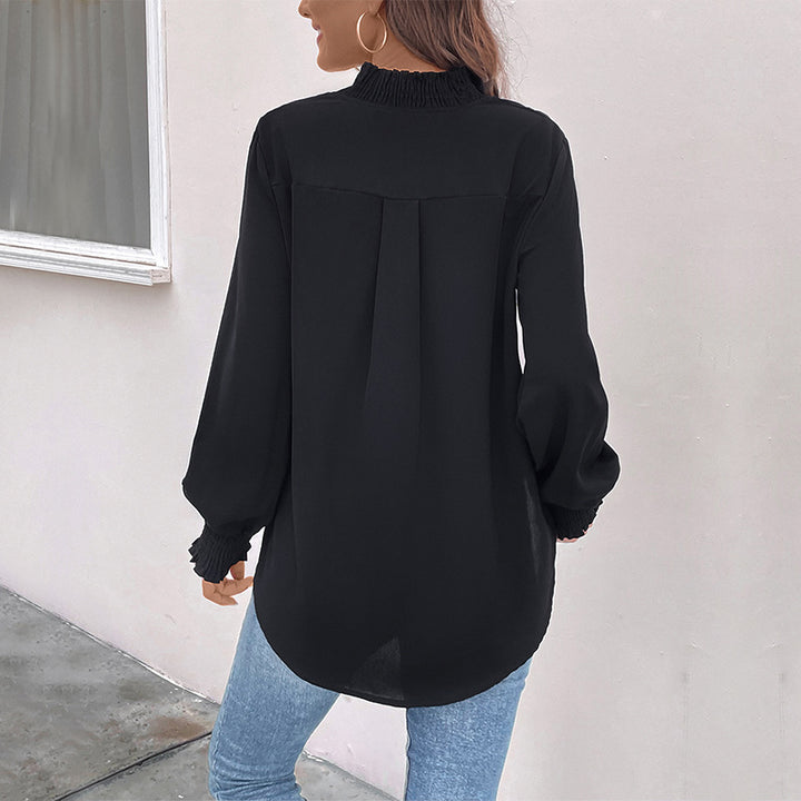 Damen Lockeres V-Ausschnitt-Blusenshirt mit Smokmanschetten und geradem Saum Drune
