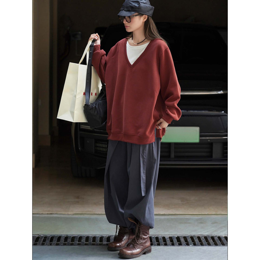 Damen V-Ausschnitt Sweatshirt im Relaxed‑Fit aus Baumwollmix Drune