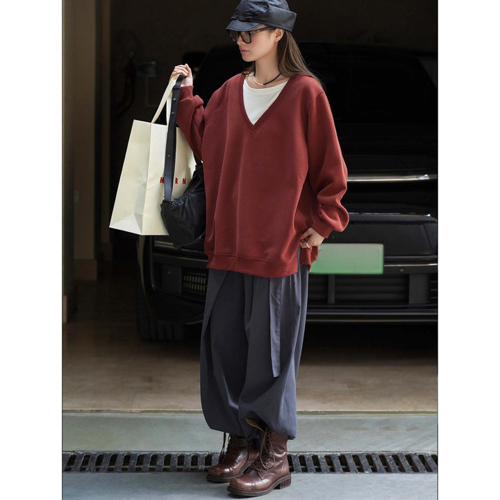 Damen V-Ausschnitt Sweatshirt im Relaxed‑Fit aus Baumwollmix Drune