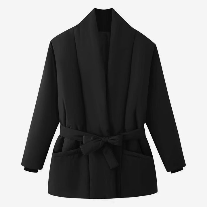 Damen Kurz gesteppte Wattierte Jacke mit Schalkragen und Taillengürtel Drune