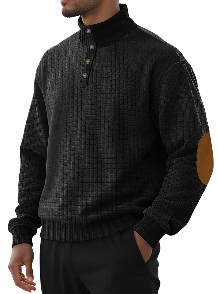 Herren nan kariertes Stepp-Sweatshirt mit Henley-Blende hohem Stehkragen und Velours-Ellenbogenpatch Drune
