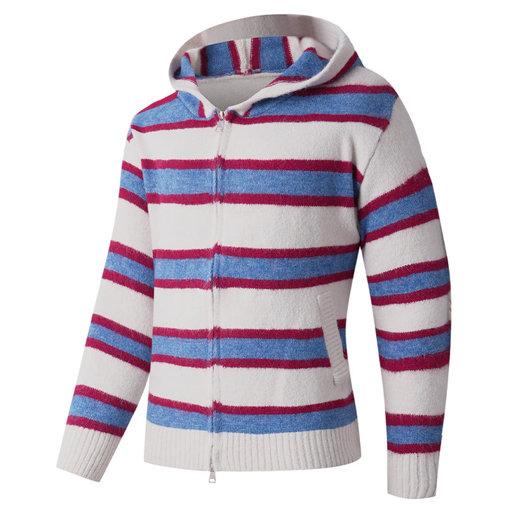 Herren Flauschige Kapuzen‑Strickjacke mit Doppelreißverschluss, Rippbündchen und horizontalem Streifenmuster Drune