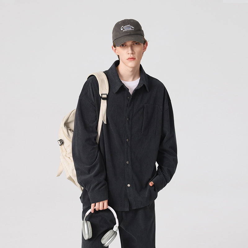Herren Oversize-Cordhemdjacke mit Druckknöpfen und Brusttasche Drune