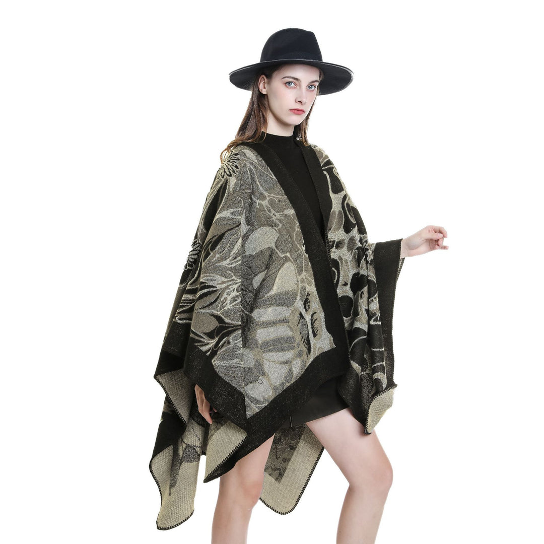 Damen Wollmix‑Jacquard‑Umhang mit offener Kimono‑Silhouette Drune