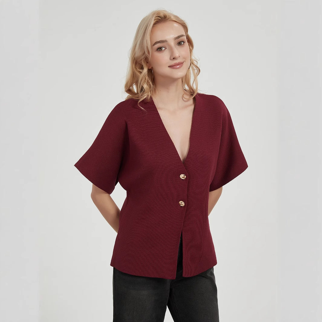 Damen modische Strickjacke mit tiefem V-Ausschnitt und eleganter Knopfleiste Drune