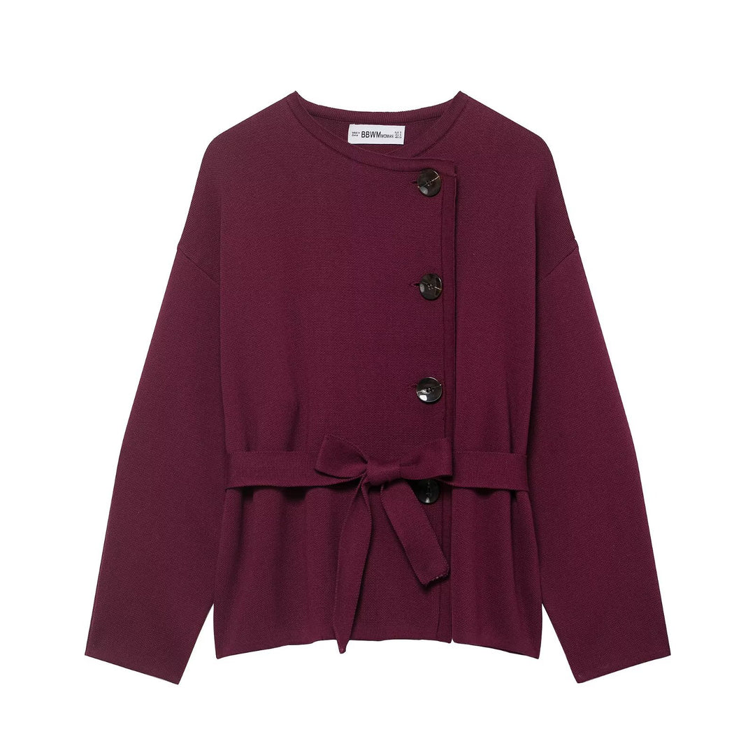 Damen Strickjacke mit asymmetrischer Knopfblende und Taillengürtel Drune