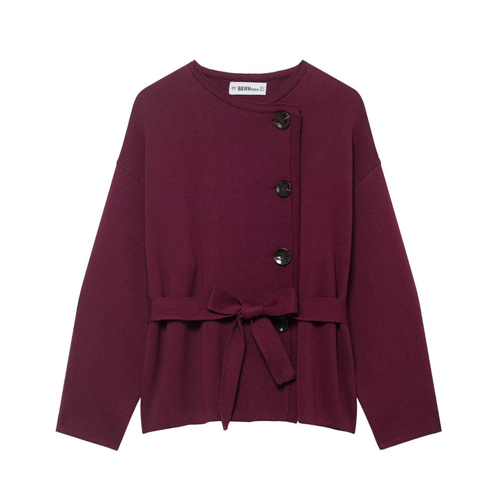 Damen Strickjacke mit asymmetrischer Knopfblende und Taillengürtel Drune