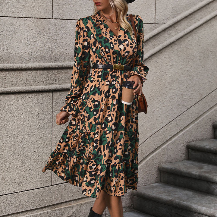 Damen Wickel-Midikleid mit Leopardenmuster, Stufenrock und elastischer Taillenpassform Drune