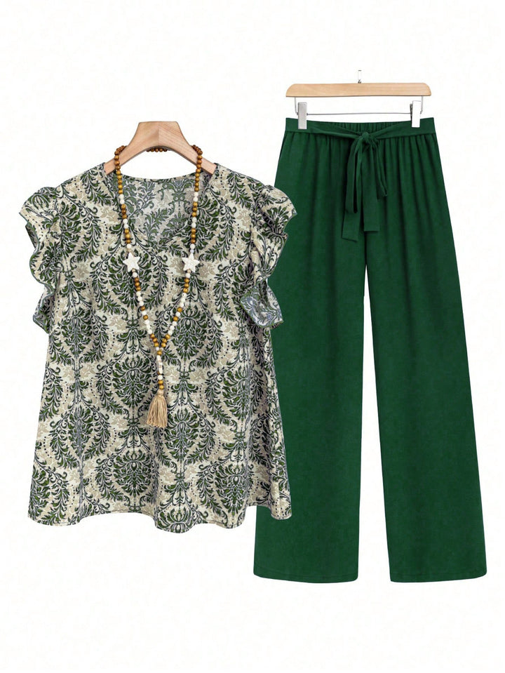 Damen Zweiteiliges Ensemble mit Rüschen-Printbluse und weitem Taillen-Hosenmodell Drune