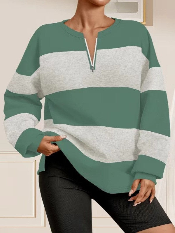 Damen Langarm Sweatshirt mit modernem Reißverschluss und gestreiftem Design Drune