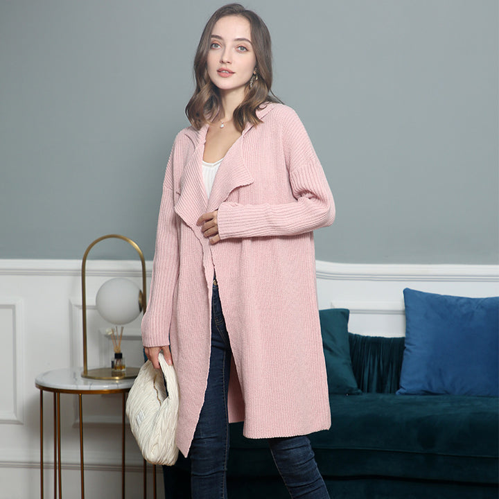 Damen langer offener Rippstrick-Cardigan mit weitem Schalkragen Drune