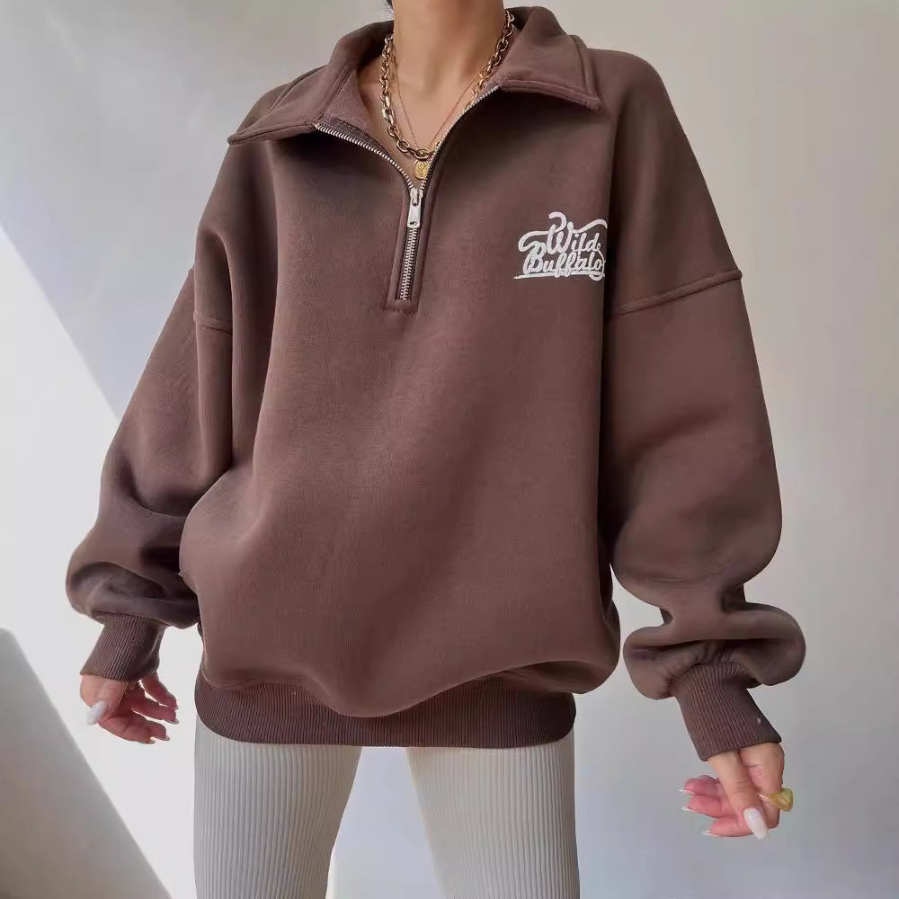 Damen Oversized Halbzip-Sweatshirt mit Stehkragen und gesticktem Logo Drune