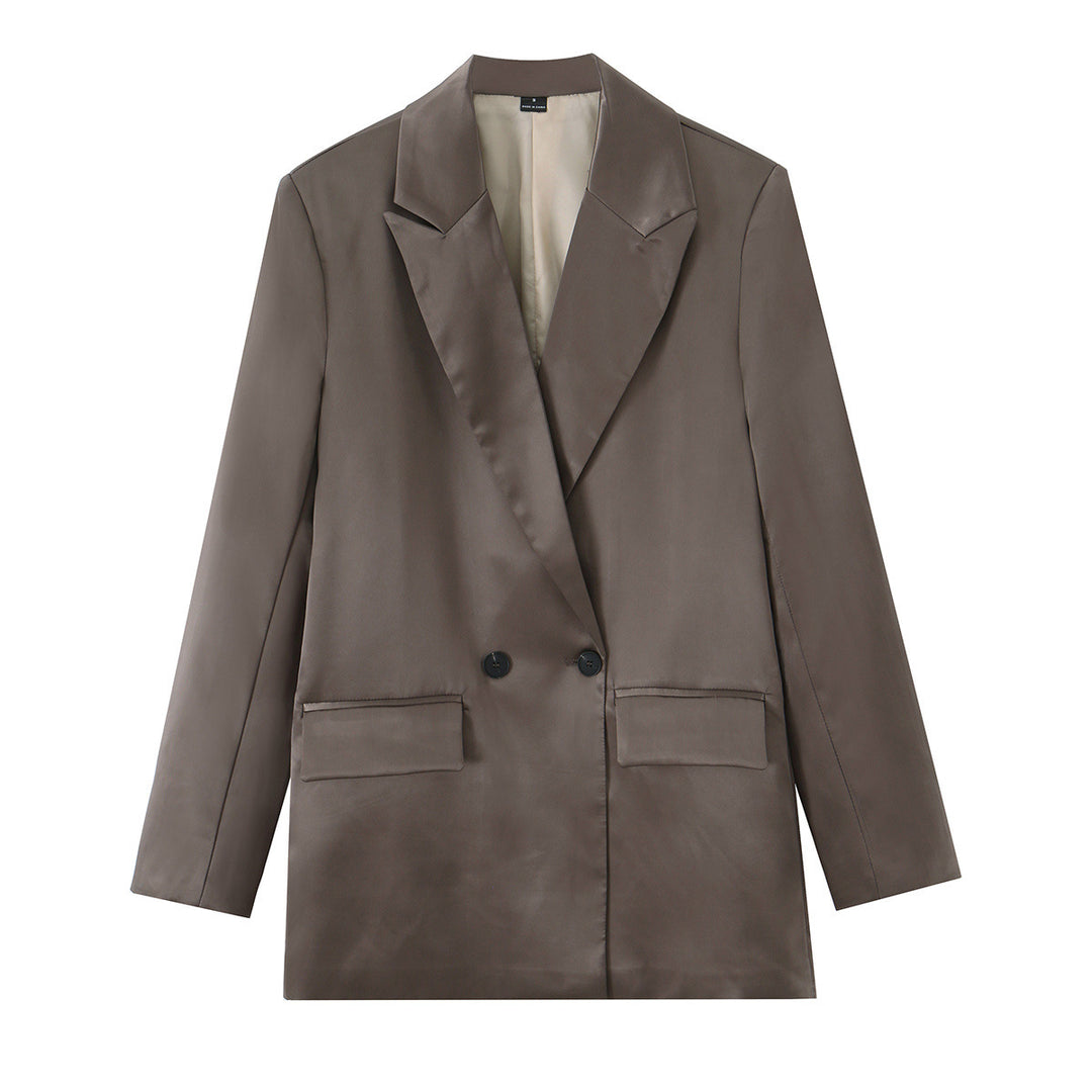 Damen Satin-Longblazer mit doppelreihiger Knopfleiste, Schalkragen und Pattentaschen Drune